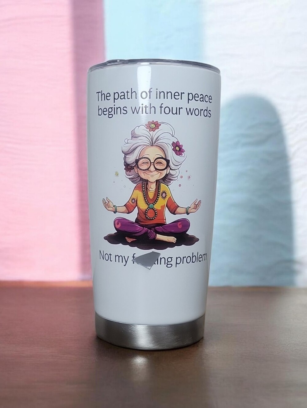 White Travel Tumbler with Colorful Yoga Grandma Graphic